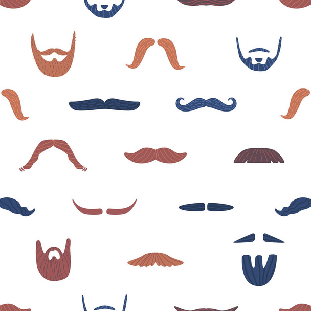 Playful Seamless Pattern Adorned With Charming Mustaches And Stylish Beards, Creating A Whimsical And Trendy Design for Barber Shops or Male Beaty Salon. Cartoon Vector Illustration, Tile Background - Vector, Image