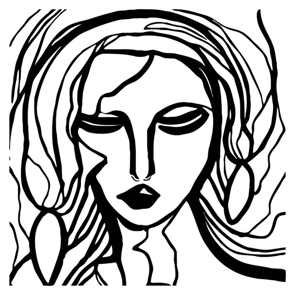 Φανταστικός γυναικείος χαρακτήρας. Μαύρη και άσπρη γραμμή τέχνης. Σχεδιασμός λογότυπου για χρήση σε γραφικά. Αποτύπωμα T-shirt, σχέδιο τατουάζ.  - Φωτογραφία, εικόνα
