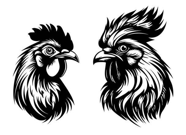 Gallo y gallina logo boceto dibujado a mano Vector - Vector, imagen