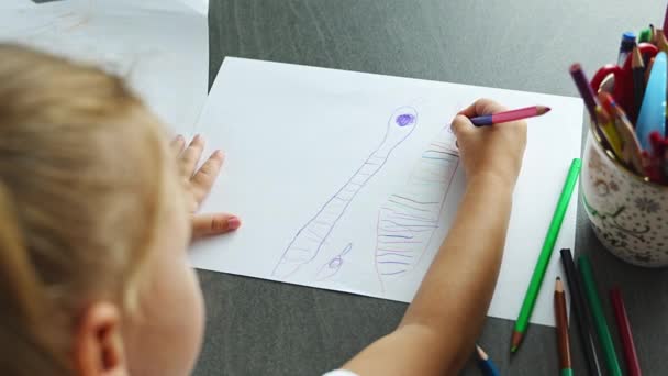 Bambina disegna con matite colorate in casa. . Filmati 4k di alta qualità - Filmati, video