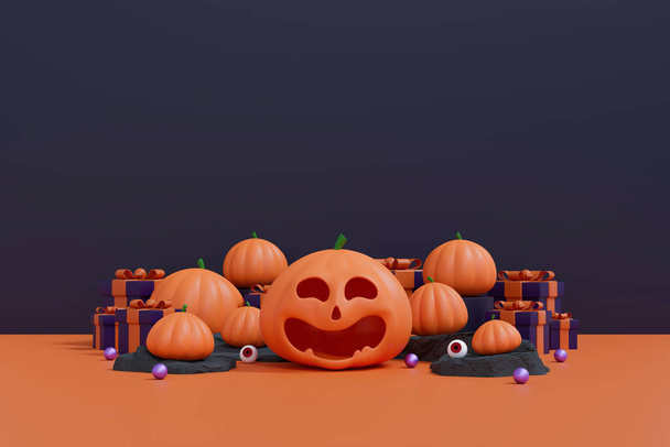 Illustration 3D de citrouille souriante pour l'affichage festif du produit. Célébration d'automne. Jack-O-Lantern Halloween Party Concept - Photo, image