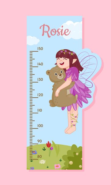 Height meter with fairy concept. Centimeter for girls. Decor element for children room. Poster or banner for website. Cartoon flat vector illustration isolated on pink background - Vector, Image