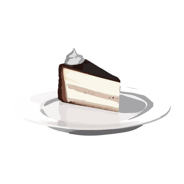Whipped cream cheesecake slice on white plate icon isolated - Vector, Image