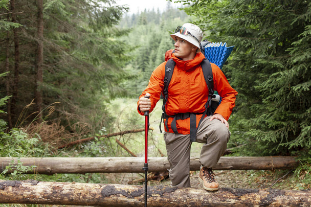 male tourist with backpack and hiking equipment walks in the forest, guy in orange jacket walks into the mountains with trekking pole - Photo, Image