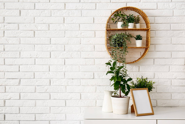 Green houseplants with frame on chest of drawers near white brick wall - Photo, Image