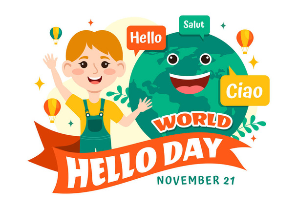 World Hello Day Ilustración vectorial el 21 de noviembre de burbujas del habla con diferentes idiomas de todo el país en fondo de dibujos animados para niños - Vector, imagen