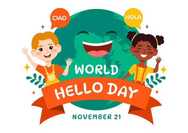 Παγκόσμια Ημέρα Γεια σας Εικονογράφηση διάνυσμα στις 21 Νοεμβρίου του Bubbles ομιλία με διαφορετικές γλώσσες από όλη τη χώρα σε παιδιά φόντο κινουμένων σχεδίων - Διάνυσμα, εικόνα