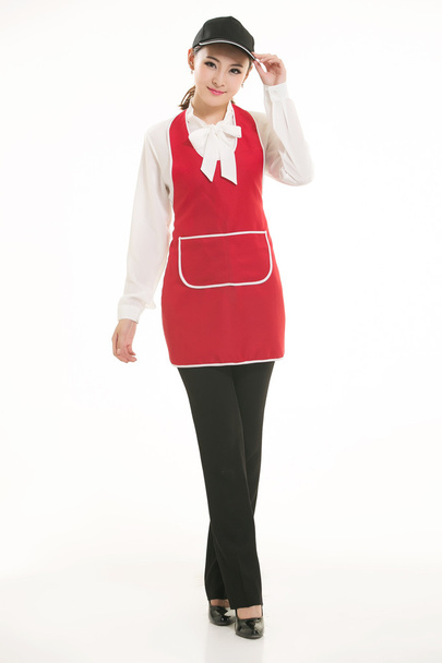 Nosić wszelkiego rodzaju fartuch kelner stojący w białym tle - Zdjęcie, obraz