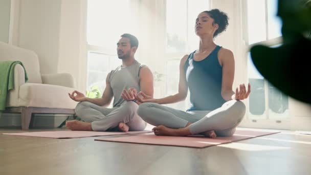 Couple, yoga and lotus for home meditation, zen fitness and mindfulness, healing or wellness in living room. People breathing and peace for calm, holistic training and spiritual workout or exercise. - Video, Çekim