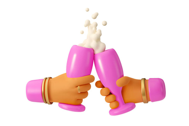 3d weibliche Hände, die ein Weinglas mit Champagner halten. Vektorrenderdarstellung in rosa isoliert auf weißem Hintergrund. Cartoon-Ikone Toast-Konzept - Vektor, Bild