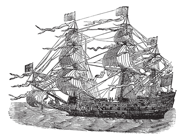 HMS Sovereign of the Seas, винтажная гравированная иллюстрация
 - Вектор,изображение
