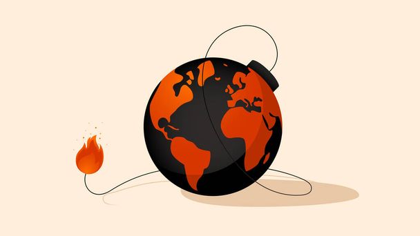 Illustrazione vettoriale del globo terrestre a forma di bomba con fusibile acceso. Illustrazione concettuale che rappresenta il riscaldamento globale, le guerre, il terrorismo, gli incendi e le temperature record. Icona del cambiamento climatico - Vettoriali, immagini
