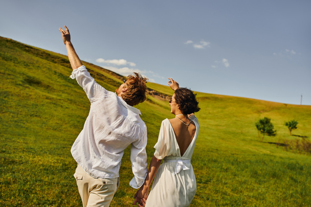 matrimonio rurale, appena sposati in abito da sposa tenendosi per mano e camminando in campo verde - Foto, immagini
