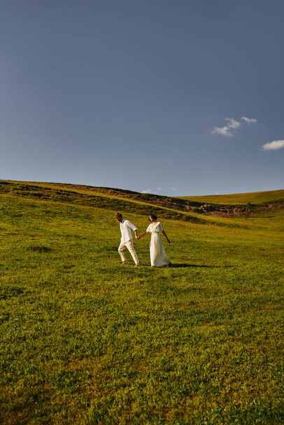 scenic landscape, just married couple walking in green field, young newlyweds in wedding gown - Photo, Image