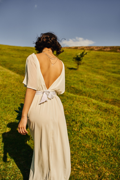 vista trasera de mujer morena en vestido de novia caminando en campo verde bajo cielo azul en el campo - Foto, Imagen