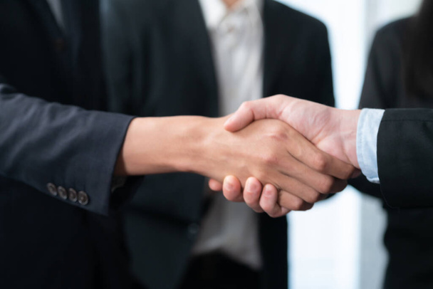 Os empresários asiáticos apertam a mão depois de fazer um acordo bem sucedido na sala de reuniões, apertando a mão profissional com aplausos na empresa corporativa. Que estranho. - Foto, Imagem