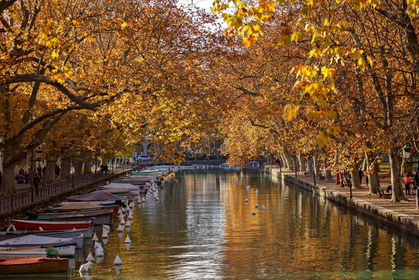Picturesque Annecy canal with autumnal yellow trees, boats, and a distant bridge. Tourists stroll, embracing the serene beauty and vibrant fall atmosphere of this French city - Photo, Image