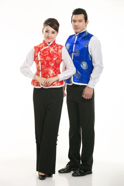 Φορούν βαμβάκι γεμιστούν Κοπελα Κίνα σακάκι με λευκό φόντο - Φωτογραφία, εικόνα