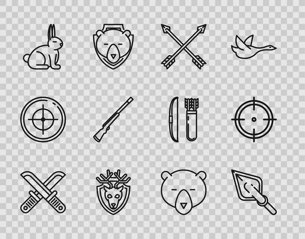 Set line Crossed hunter knife, Hipster arrow tip, arrows, Deer head with antlers on shield, Rabbit, Hunting gun, Bear and Target sport for shooting competition icon. Vector - Vector, Image