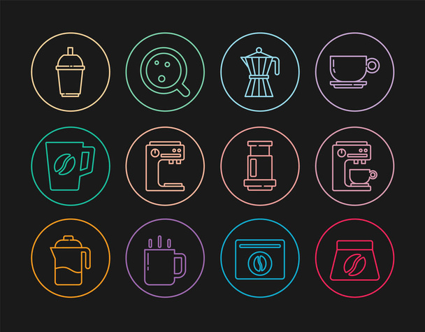 Set line Bag of coffee beans, Coffee machine, moca pot, cup, to go, Aeropress and  icon. Vector - Vector, Image