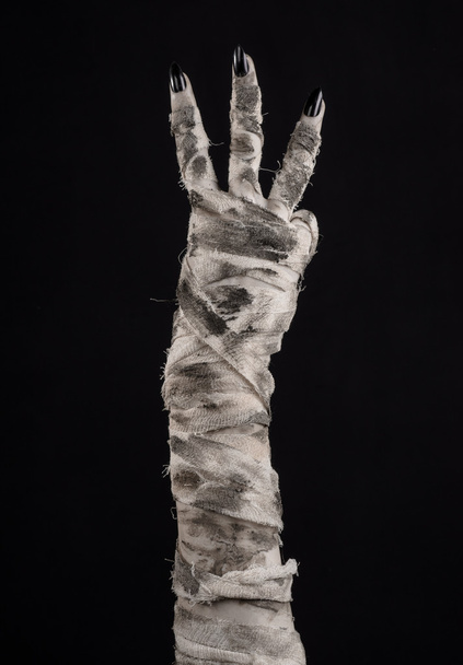 Halloween theme: terrible old mummy hands on a black background - Фото, изображение