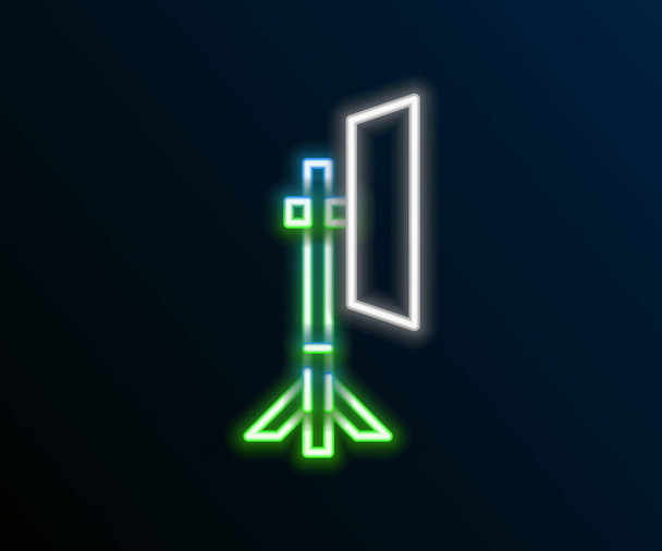 Leuchtende Neon Line Studio-Glühbirne in Softbox-Symbol isoliert auf schwarzem Hintergrund. Design der Schattenreflexion. Buntes Rahmenkonzept. Vektor - Vektor, Bild