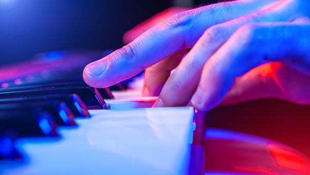 Mani di musicista che suonano la tastiera in concerto con profondità ridotta
 - Foto, immagini