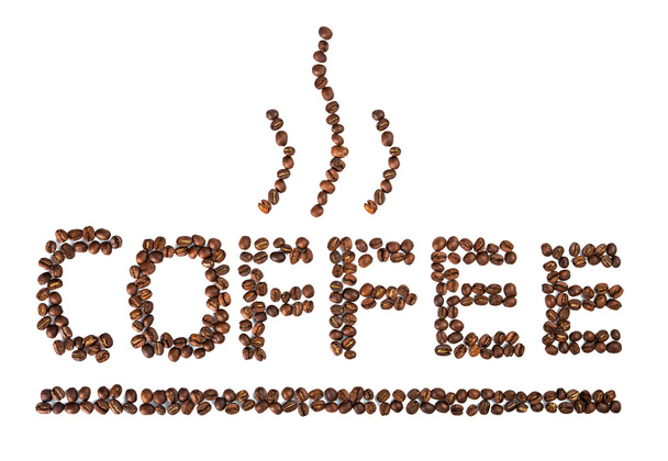 Кава Написана з кавовими зернами ізольовані на білому тлі
 - Фото, зображення