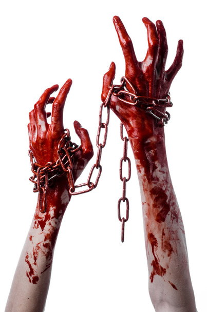 bloody hand holding chain, bloody chain, halloween theme, white background, isolated, killer, fan, crazy - Foto, Bild