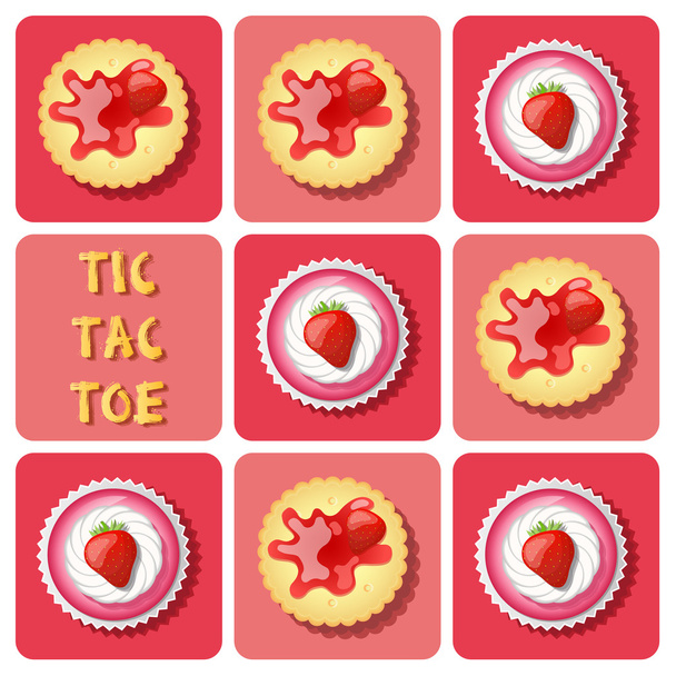 Tic-Tac-Toe of strawberry cup cake cake and cracker
 - Вектор,изображение