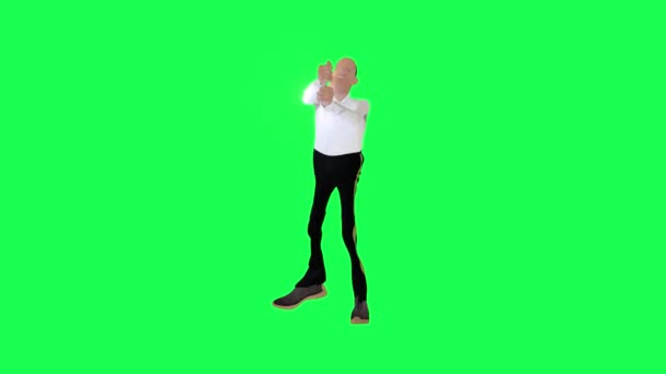 Високий худий 3d лисий анімований чоловік риболовля спереду ізольований зелений екран персонаж мультфільм милий хром ключ анімація фону - Кадри, відео