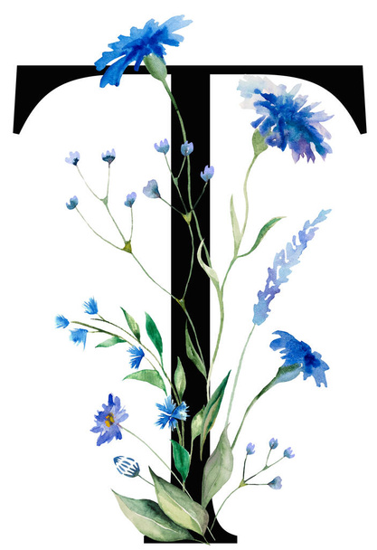Black letter T with watercolor blue cornflowers and wildflowers qith green leaves bouquet isolated illustration. Alphabet Element for wedding stationery and greeting - Photo, Image