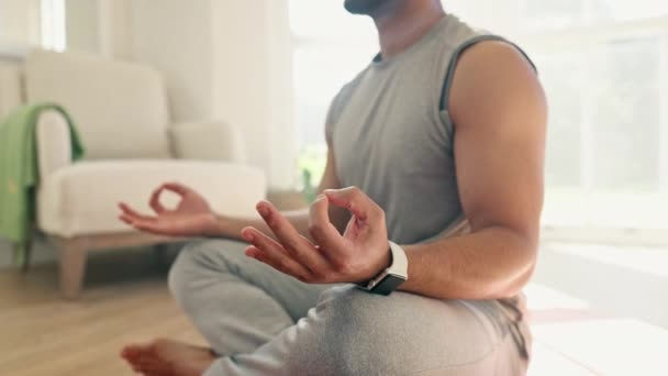 Homem, ioga e mãos de lótus para meditação em casa, fitness e treinamento holístico no chão da sala de estar em energia de cura. Calmo, paz ou pessoa com mindfulness, chakra e exercício de respiração para o bem-estar. - Filmagem, Vídeo