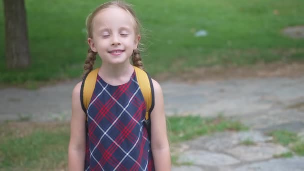 Gelukkig klein meisje in formele jurk met rugzak staat in groen stadspark positieve schoolmeisje met gevlochten haar voorbereid voor school lessen in de tuin basisschool - Video