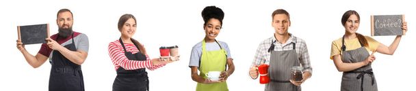 Set of different baristas with hot coffee on white background - Photo, Image