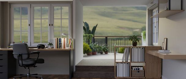 Innenarchitektur eines modernen und komfortablen Arbeitsplatzes oder Büros mit Schreibtisch vor dem Fenster, Balkon mit schönem Blick auf die Natur, Bücherregal und Dekor. 3D-Renderer, 3D-Illustration - Foto, Bild