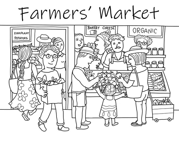 農民市場について。 食料品店で健康的な新鮮な果物や野菜を購入し販売する多様な多様な人々のグループ. 黒と白のイラスト図. - 写真・画像