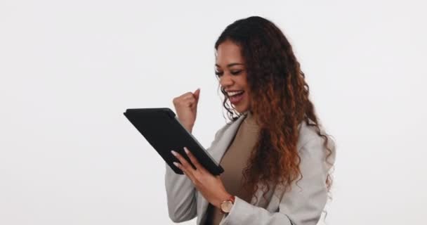 Excited, woman and tablet with success and pointing to advertising and promotion mockup space. Studio, white background and African female professional with email and motivation of sale and deal. - Footage, Video