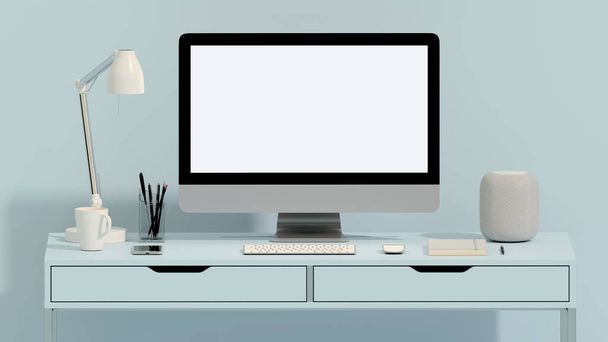 Pastelowe, niebieskie, monochromatyczne, minimalne biurko biurowe. Minimalny pomysł na biurko i przestrzeń roboczą, zdjęcie ramki. Wzór makiety, renderowanie 3d - Zdjęcie, obraz