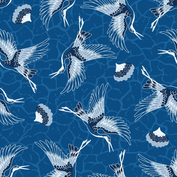 Classic Blue Crane Birds and Flowers Vector Seamless Pattern - Vector, Image