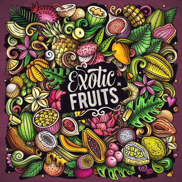 Exotic Fruits cartoon raster doodles illustration. Tropische Nahrungsmittel Elemente und Objekte Hintergrund. Helle Farben lustiges Bild.  - Foto, Bild