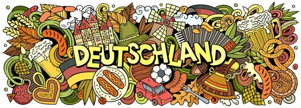 Raster-Illustration mit Deutschland-Doodles. Lebendiges und auffälliges Bannerdesign, das die Essenz der deutschen Kultur und Traditionen durch verspielte Cartoon-Symbole einfängt - Foto, Bild
