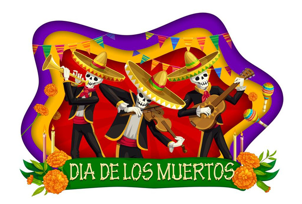 ディア・デ・ロス・ムエルト紙は,死んだ骨格マリアチのミュージシャンのバナーや日をカットし,メキシコの休日のベクター. ソンブレロ,ギターとペーパーカットされたカラベラの骨格が付いているディア・デ・ロス・ムエルトの挨拶カード - ベクター画像