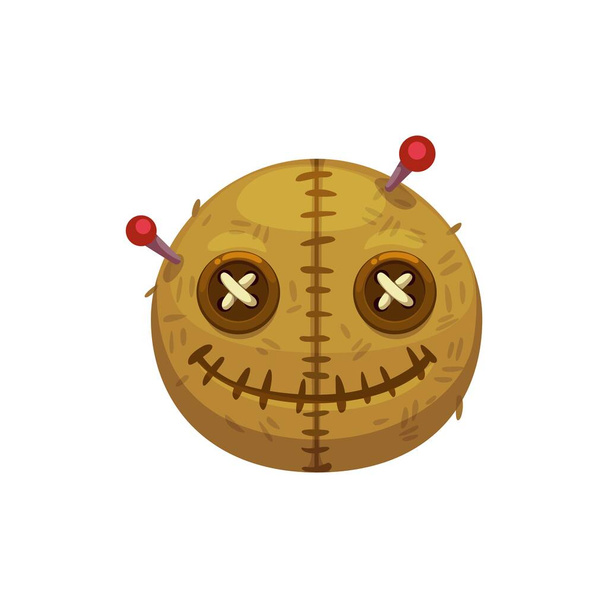 Cartoon Halloween voodoo doll emoji representing round burlap face pierced with pins, with sewed mouth and cross stitched eyes, used to convey curses, hexes, or a sense of control in a playful manner - Vector, Image