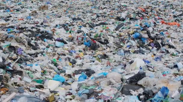 森の中のプラスチック廃棄物がたくさんあります. ドローンはゴミやプラスチックボトルの廃棄物の上に非常に低く飛ぶ. 生態学の問題. - 映像、動画