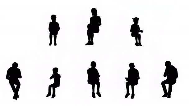 Görünümlü Siluet Çocuklar Beyaz Arkaplan Alfa Kanalında Oturuyorlar - Video, Çekim