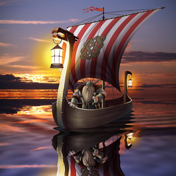 Лодка викингов в море
 - Фото, изображение