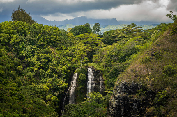 Водопад Опекаа, вид из окна в районе реки Вайлуа на острове Кауаи - Фото, изображение