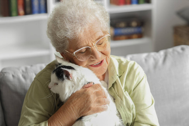 Старша жінка з милою кішкою відпочиває вдома - Фото, зображення