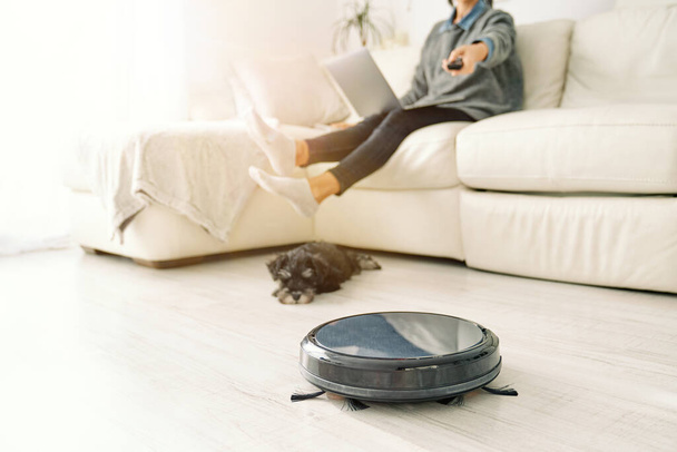 Crop unrecognizable person in casual clothes sitting with laptop on knees on sofa near sleeping dog and using remote control on robotic vacuum cleaner - Photo, Image